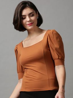 SHOWOFF - Women's Solid Square Neck Brown Regular Top