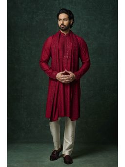 VANSHIK - Silk Red Kurta With Pant And Dupatta