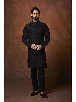 VANSHIK - Raw Silk Black Kurta with Pant and Jacket