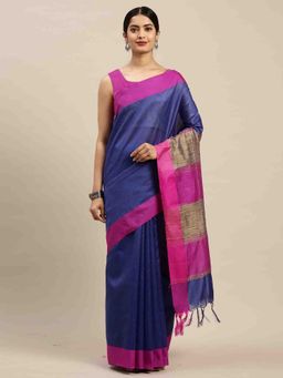 Rajnandini - Womens Blue Cotton Striped Woven Traditional Saree with Unstitched Blouse