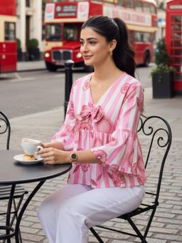 Uptownie - Bell Sleeve Cotton Peplum Pink Top
