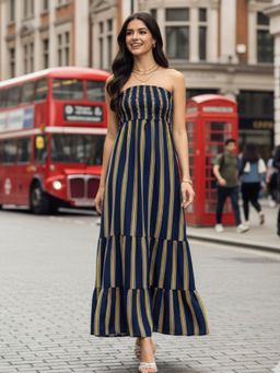 Uptownie - Strapless Smocked Navy Blue Maxi Dress
