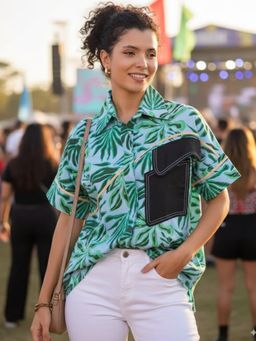 Uptownie - Green Boxy Shirt with Asymmetric Contrast Pocket