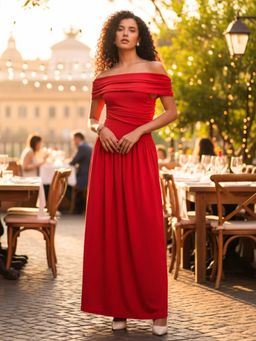 Uptownie - Off Shoulder Drop Waist Maxi Dress - Red