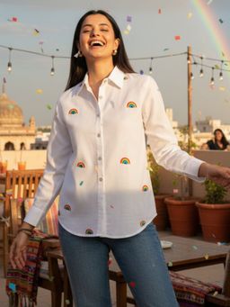 Uptownie - White Embroidered Regular Fit Shirt