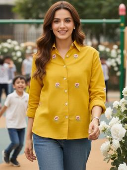 Uptownie - Mustard All Over Embroidered Cotton Shirt