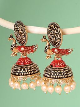 OOMPH - Jewellery Red Meenakari Enamel Peacock Pearls Jhumka Earrings