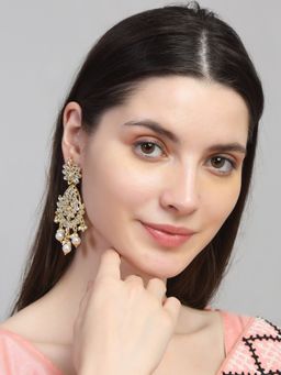 Yellow Chimes - Gold-Toned and White Crescent Shaped Chandbalis Earrings
