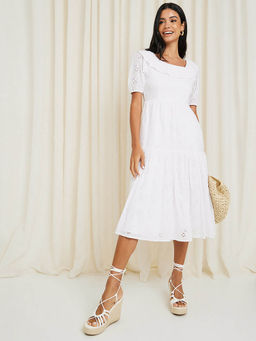 Styli - Women White Schiffli Square Neck A-Line Midi Dress