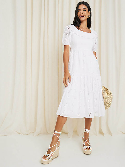 Buy Styli Women White Schiffli Square Neck A-Line Midi Dress Online