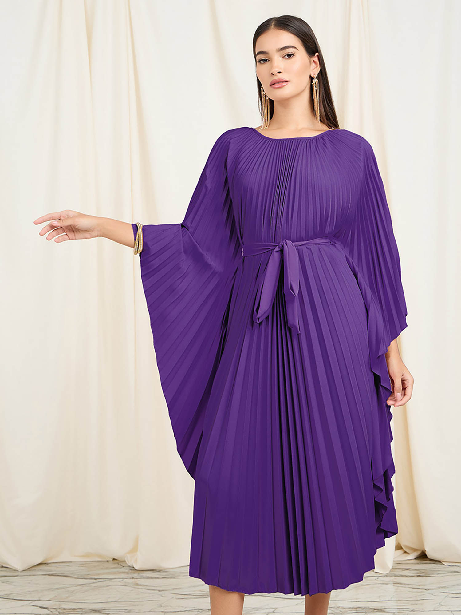 Buy Styli Women Purple Accordion Pleats Handkerchief Hem Midi