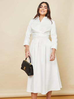 Styli - Women White Wrap Over Tie Waist A-Line Midi Dress