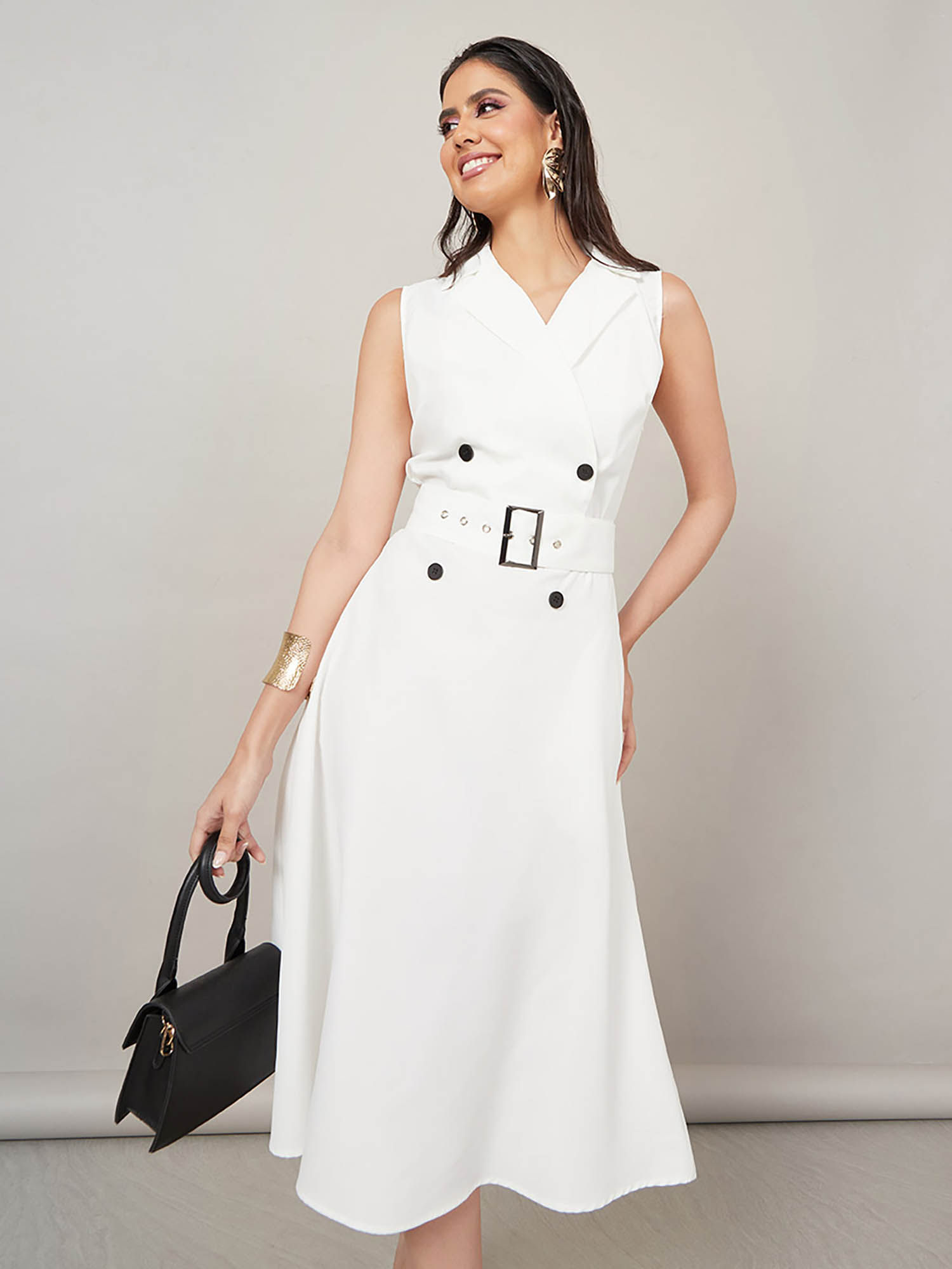 styli Women White Belted Notch Lapel Neck Blazer Midi Dress-picture-10