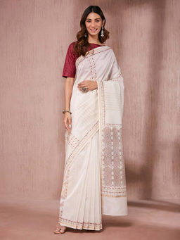 Fabindia - Natural Cotton Silk Blend Hand Block Printed Saree without Blouse
