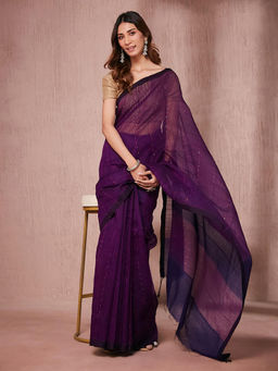 Fabindia - Purple Silk Blend Saree without Blouse