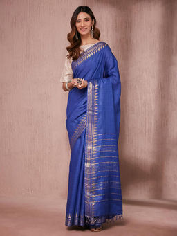 Fabindia - Blue Silk Blend Saree without Blouse