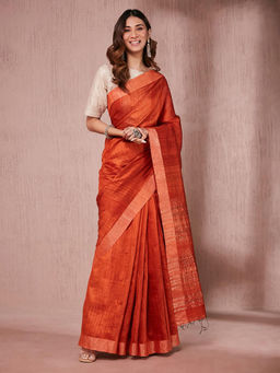 Fabindia - Orange Silk Saree without Blouse