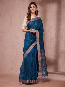 Fabindia - Teal Silk Saree without Blouse