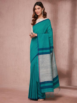Fabindia - Teal Cotton Silk Saree without Blouse