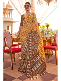 Mysilklove - Pale Copper Yellow Printed Patola Saree with Unstitched Blouse
