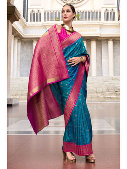Mysilklove - Metallic Blue Zari Woven Banarasi Saree with Unstitched Blouse