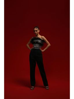 Label Iris - Golden Embellished Black Feather Jumpsuit