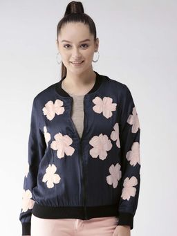 Scoup - Floral Appliqued Navy Blue Satin Jacket