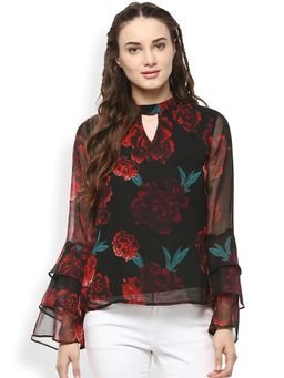 RARE - Women Black & Red Printed Semi-sheer Top