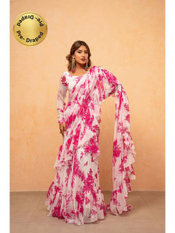 DEASHA INDIA - Kavishi Pink Floral Pre-Draped Saree with Stitched Blouse