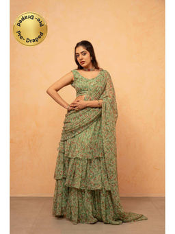 DEASHA INDIA - Tanisha Green Floral Pre-Draped Saree with Stitched Blouse