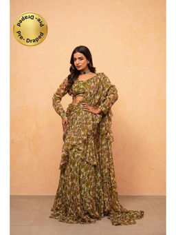 DEASHA INDIA - Sayna Green Forest Pre-Draped Saree with Stitched Blouse