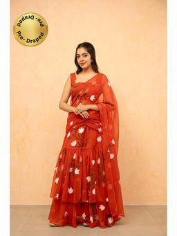 DEASHA INDIA - Suhani Orange Printed Pre-Draped Saree with Stitched Blouse