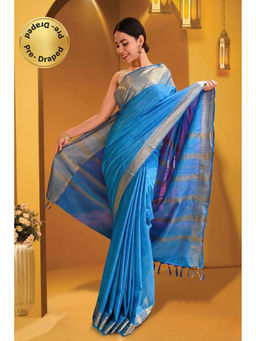 Isadora Life - Womens Woven Zari Blue Pre-Draped Saree With Unstitched Blouse