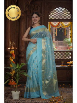 Isadora Life - Womens Woven Zari Blue Pre-Draped Saree With Unstitched Blouse