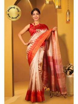 Isadora Life - Womens Woven Tassels Beige Pre-Draped Saree With Unstitched Blouse