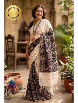 Isadora Life - Womens Printed Stripes White Pre-Draped Saree With Unstitched Blouse