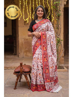 Isadora Life - Womens Printed Beige Pre-Draped Saree With Unstitched Blouse