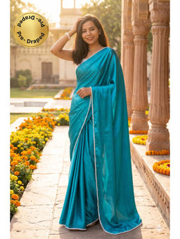 Isadora Life - Womens Solid Gota Blue Pre-Draped Saree with Unstitched Blouse