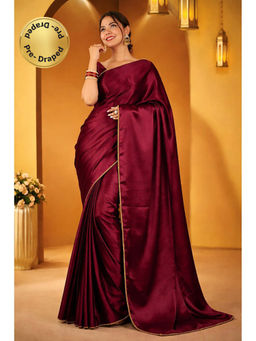 Isadora Life - Womens Solid Sequined Maroon Pre-Draped Saree With Unstitched Blouse
