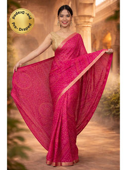 Isadora Life - Womens Bandhani Printed Pink Pre-Draped Saree with Unstitched Blouse