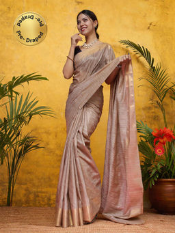 Isadora Life - Womens Stripes Zari Beige Pre-Draped Saree with Unstitched Blouse