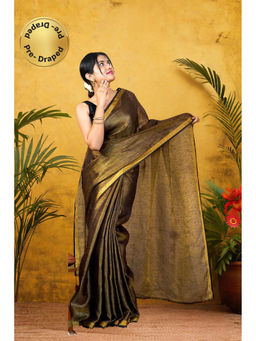 Isadora Life - Womens Solid Tassels Gold Pre-Draped Saree with Unstitched Blouse