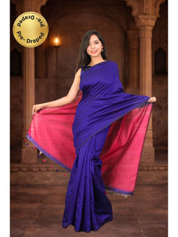 Isadora Life - Womens Solid Tassels Blue Pre-Draped Saree with Unstitched Blouse