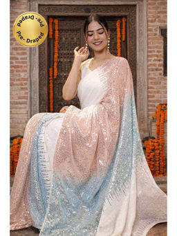 Isadora Life - Womens Embroidered Sequined Multi-Color Pre-Draped Saree With Unstitched Blouse