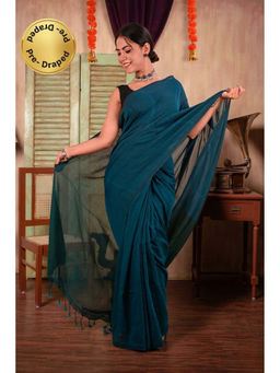Isadora Life - Womens Colorblock Tassels Blue Pre-Draped Saree With Unstitched Blouse