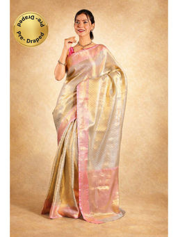 Isadora Life - Womens Woven Zari Beige Pre-Draped Saree With Unstitched Blouse
