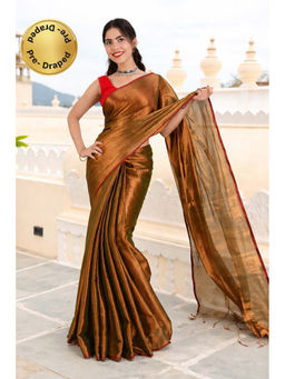 Isadora Life - Womens Solid Tassels Copper Pre-Draped Saree With Unstitched Blouse