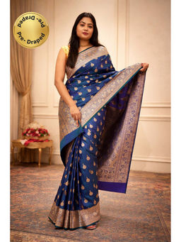 Isadora Life - Womens Woven Zari Blue Pre-Draped Saree With Unstitched Blouse