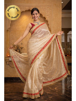 Isadora Life - Womens Woven Zari Beige Pre-Draped Saree With Unstitched Blouse