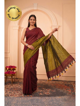 Isadora Life - Womens Woven Tassels Maroon Pre-Draped Saree With Unstitched Blouse